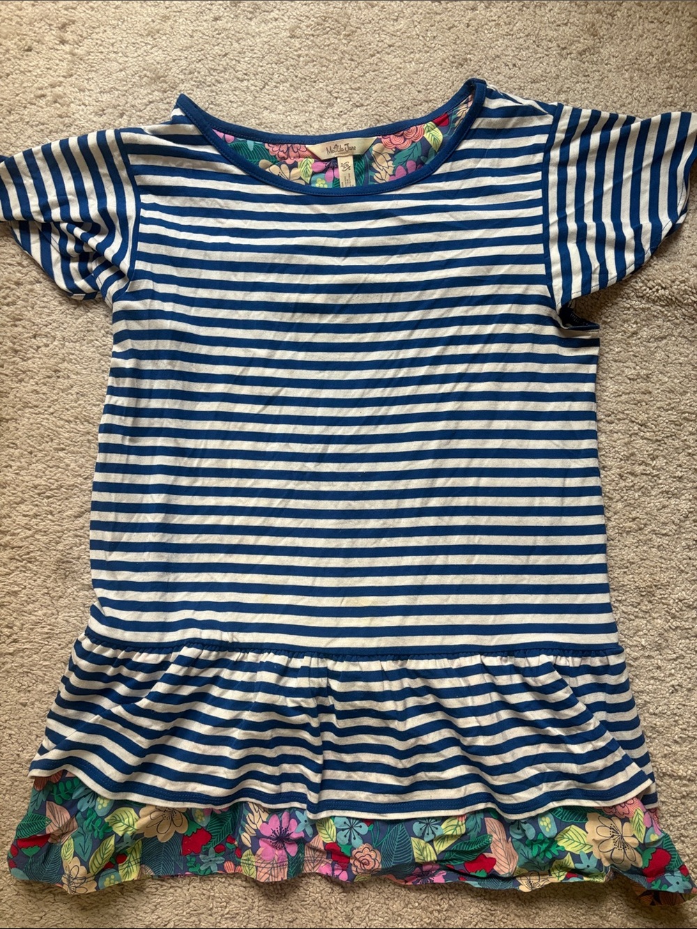 Womens Blue & White Striped Peplum Top with Floral Trim